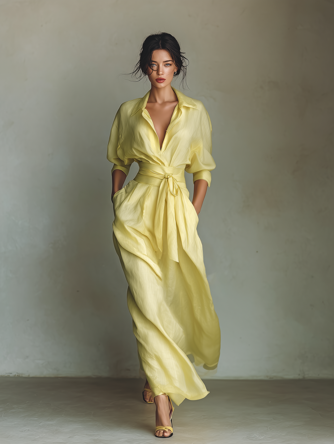 Maxi Shirt Dress in Lemon Yellow Linen Blend with Tie Waist