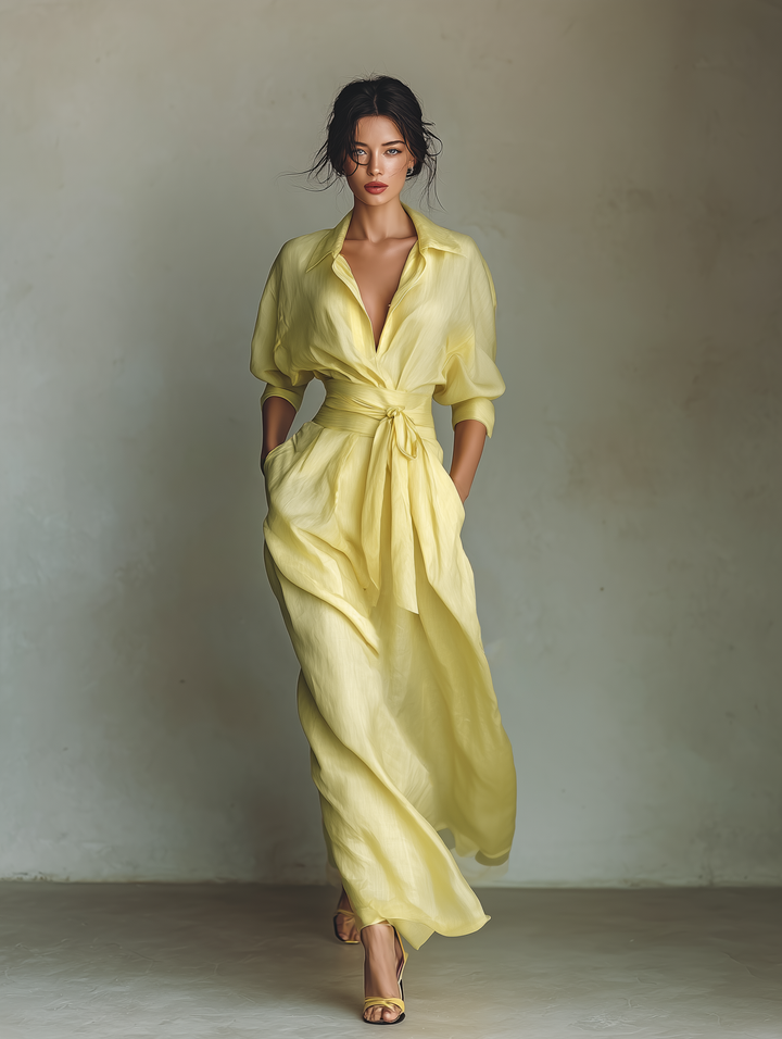 Maxi Shirt Dress in Lemon Yellow Linen Blend with Tie Waist