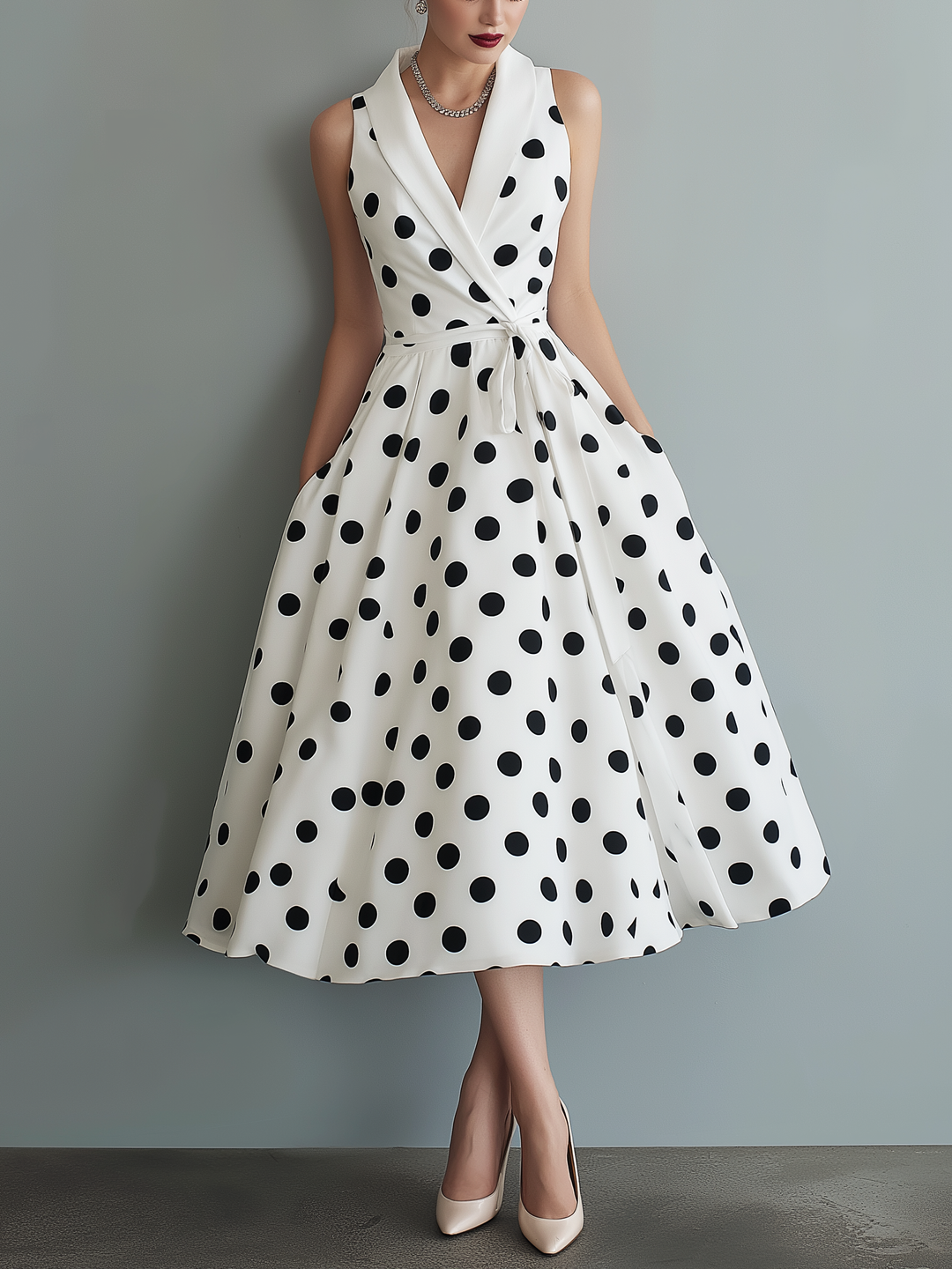 Polka Dot Midi Dress - Sleeveless Collared Work Dress
