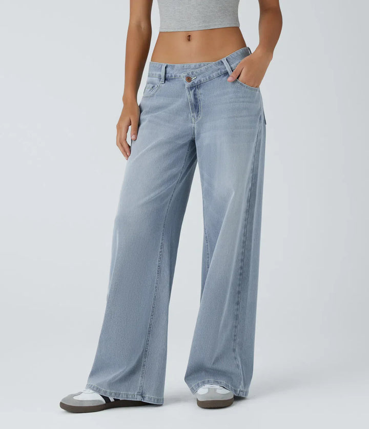 Cargo Jeans Women Stretch Denim with Asymmetric Zip