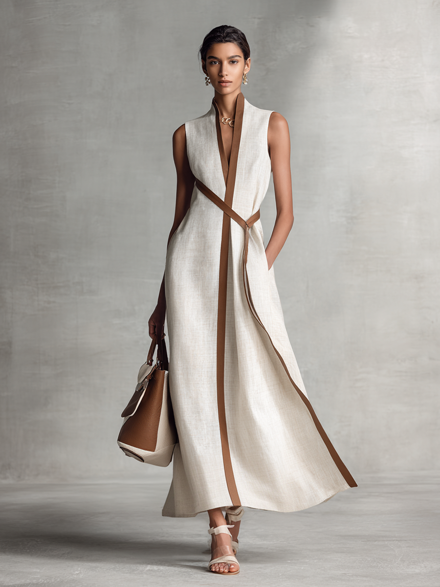Cotton Linen Maxi Dress with Tie Waist and V-Neck