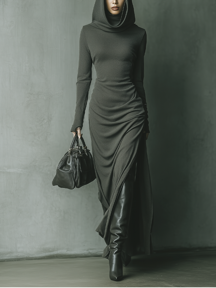 Hooded Maxi Dress Knit Long Sleeve Lounge Dress