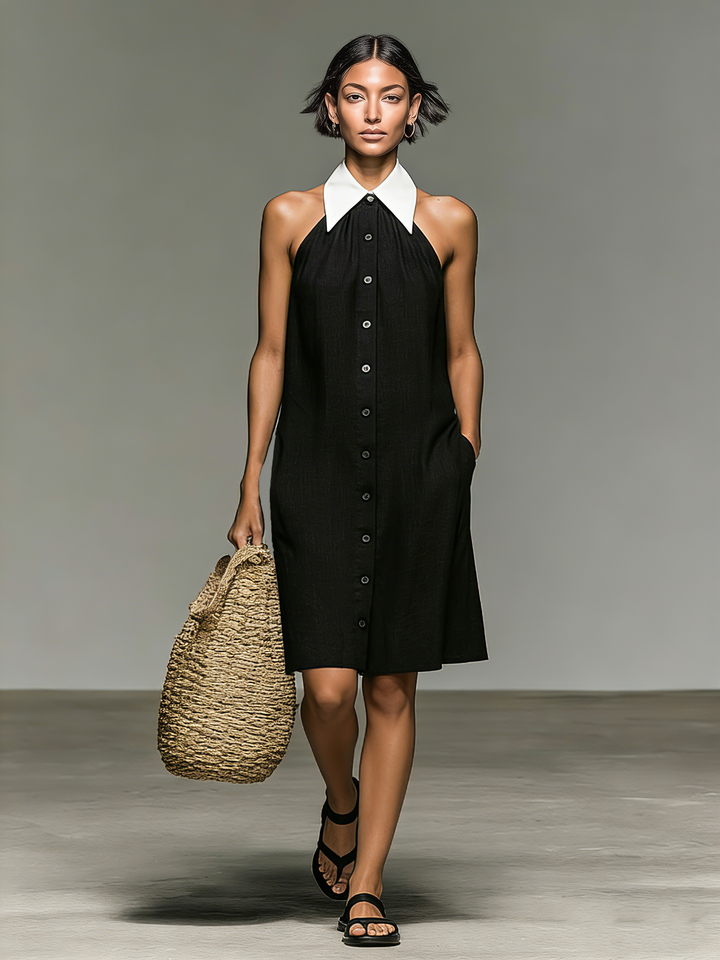 Linen Shirt Dress for Women - Sleeveless Colorblock Mini Dress