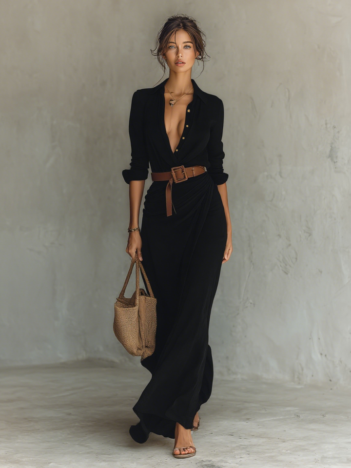 Belted Maxi Dress with Lapel Collar and Long Sleeves