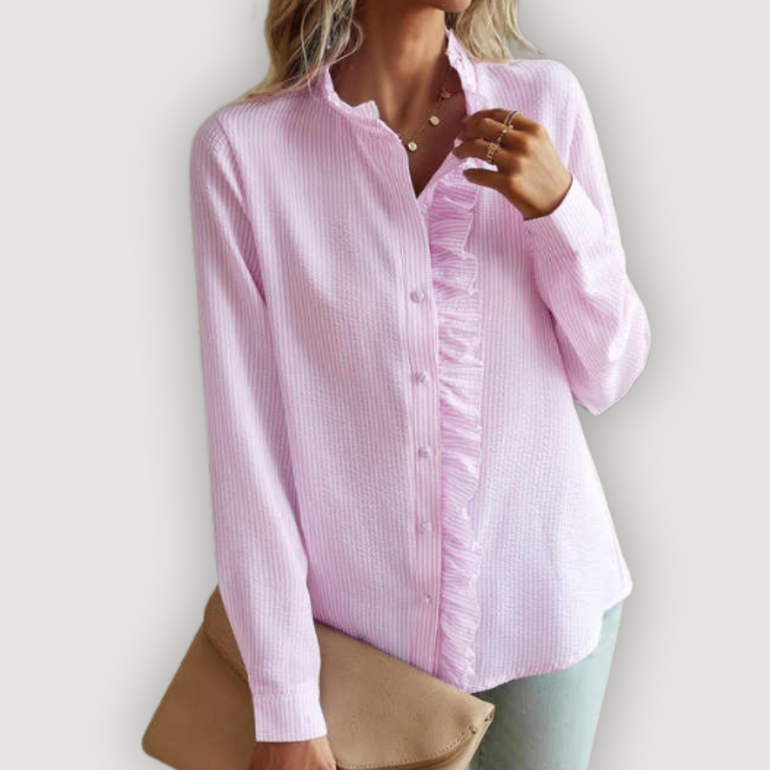 Ruffle Trim Blouse for Women | Striped Button Front Top