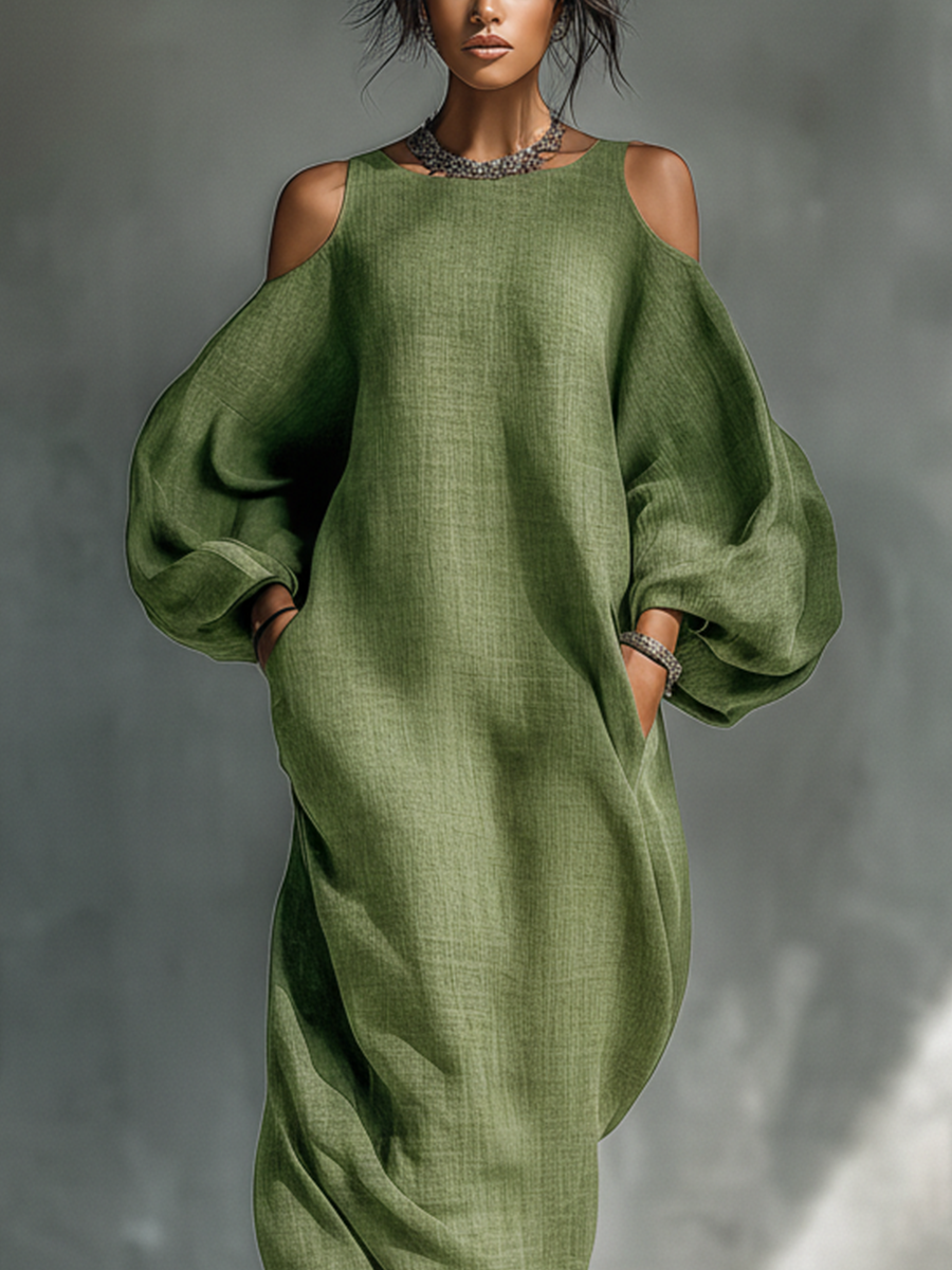 Cold Shoulder Maxi Dress with Puff Sleeves and Pockets