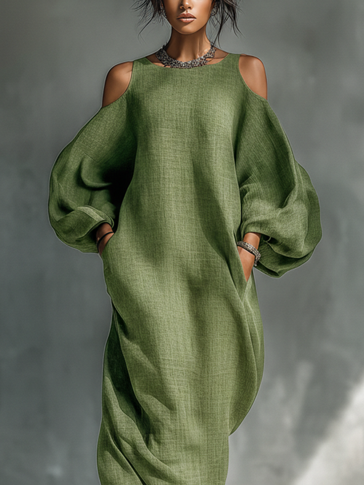Cold Shoulder Maxi Dress with Puff Sleeves and Pockets