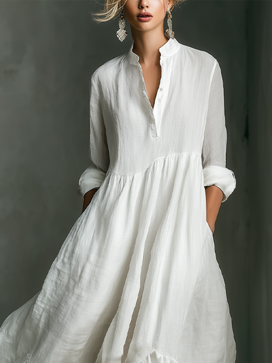 White Maxi Dress Long Sleeve with Ruffles for Women