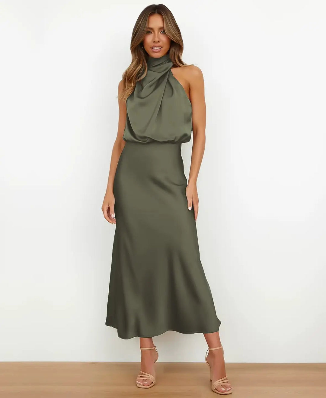 Midi Dress with Draped Neckline - Elegant Stretchy Fitted Dress
