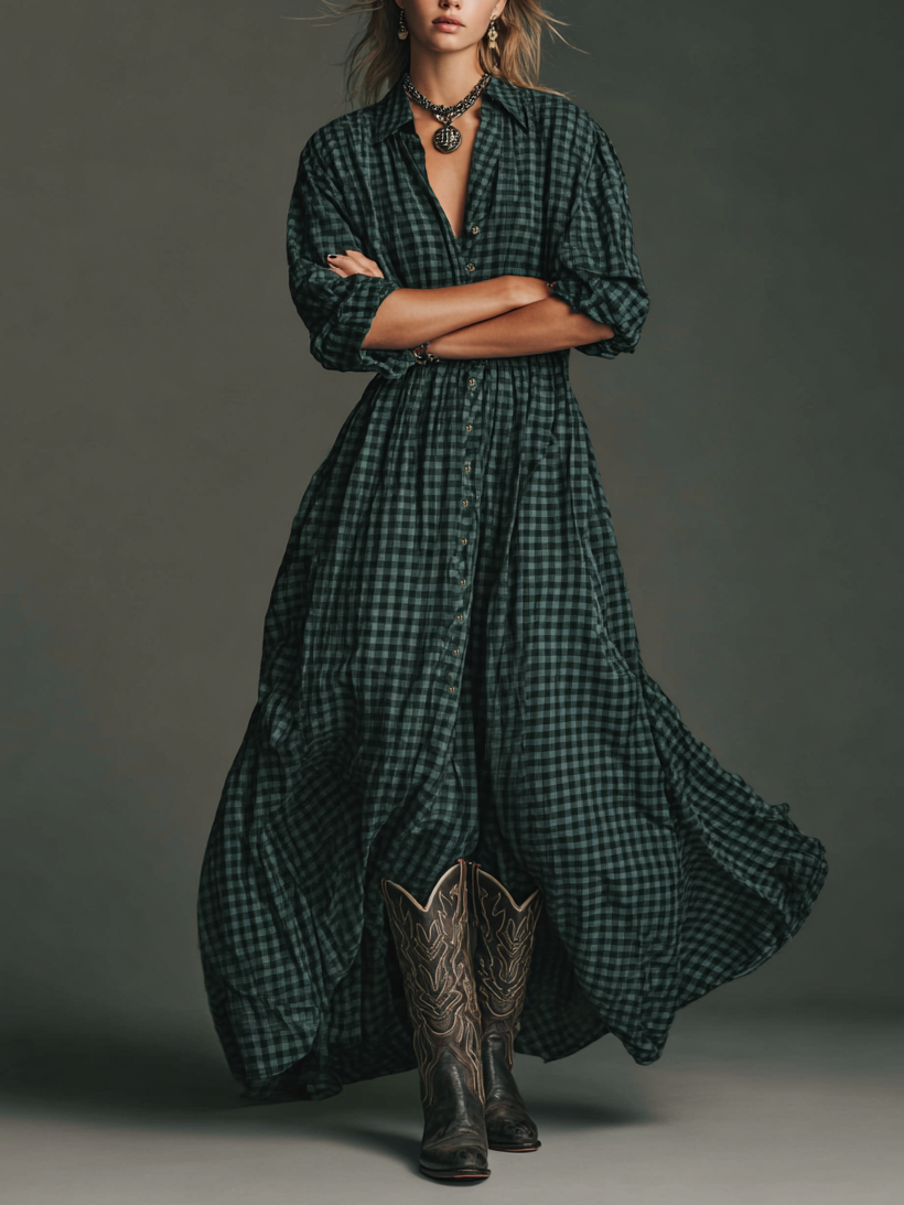Plaid Shirt Dress Maxi Length Long Sleeve Button Front