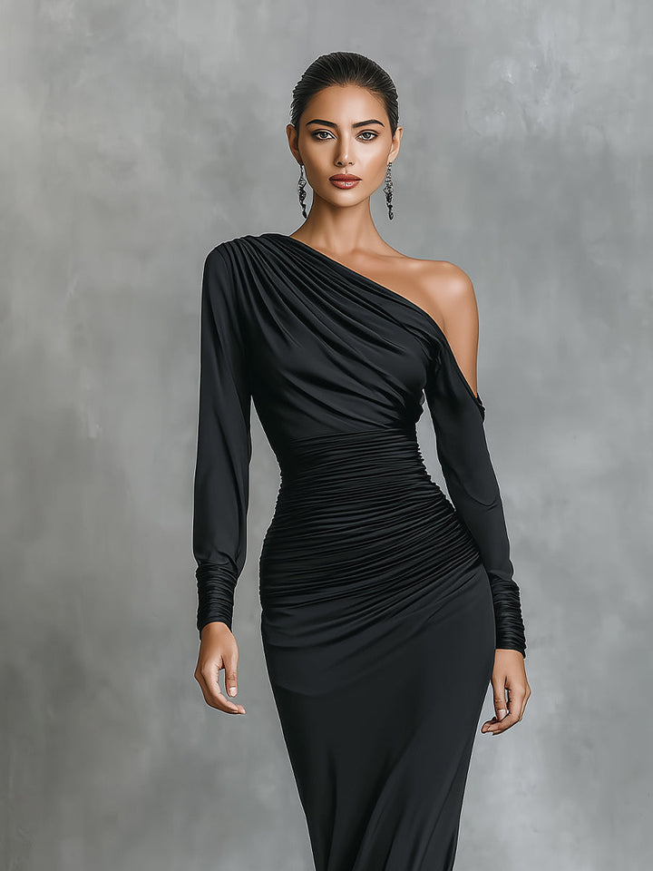 Black One Shoulder Formal Dress - Ruched Satin Mermaid Gown