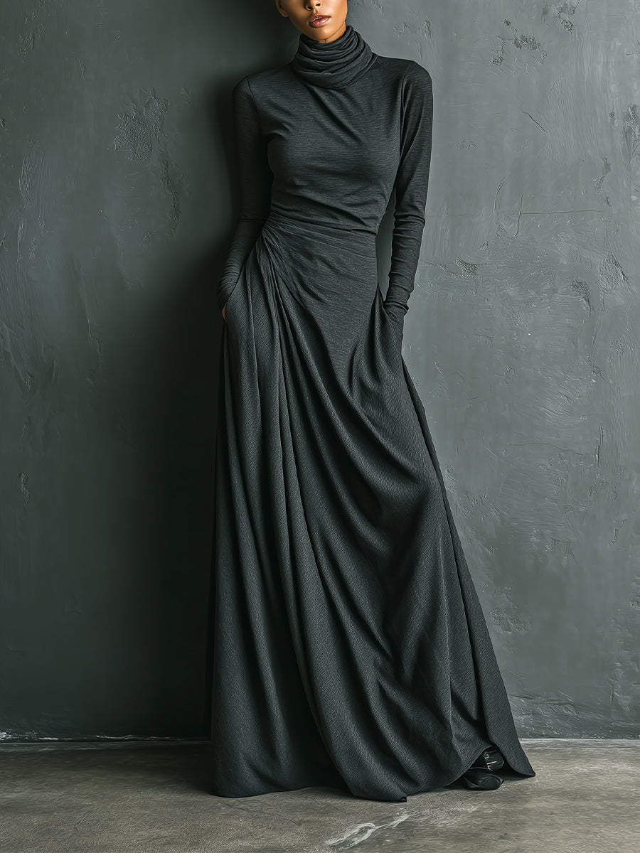 Turtleneck Maxi Dress for Women - Charcoal Long Sleeve Draped