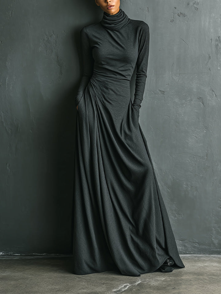 Turtleneck Maxi Dress for Women - Charcoal Long Sleeve Draped