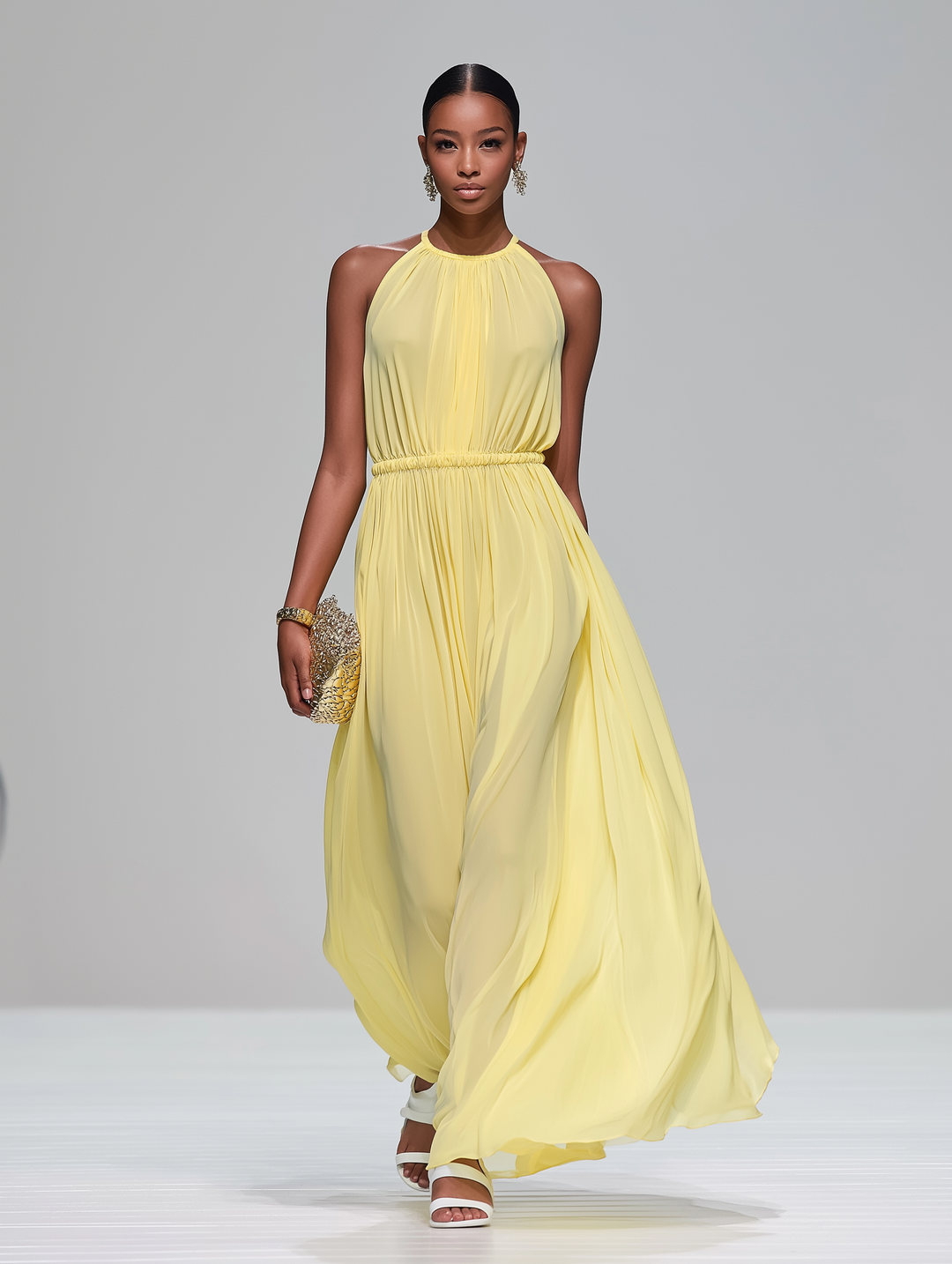 Chiffon Maxi Dress Light Yellow Sleeveless Wedding Guest
