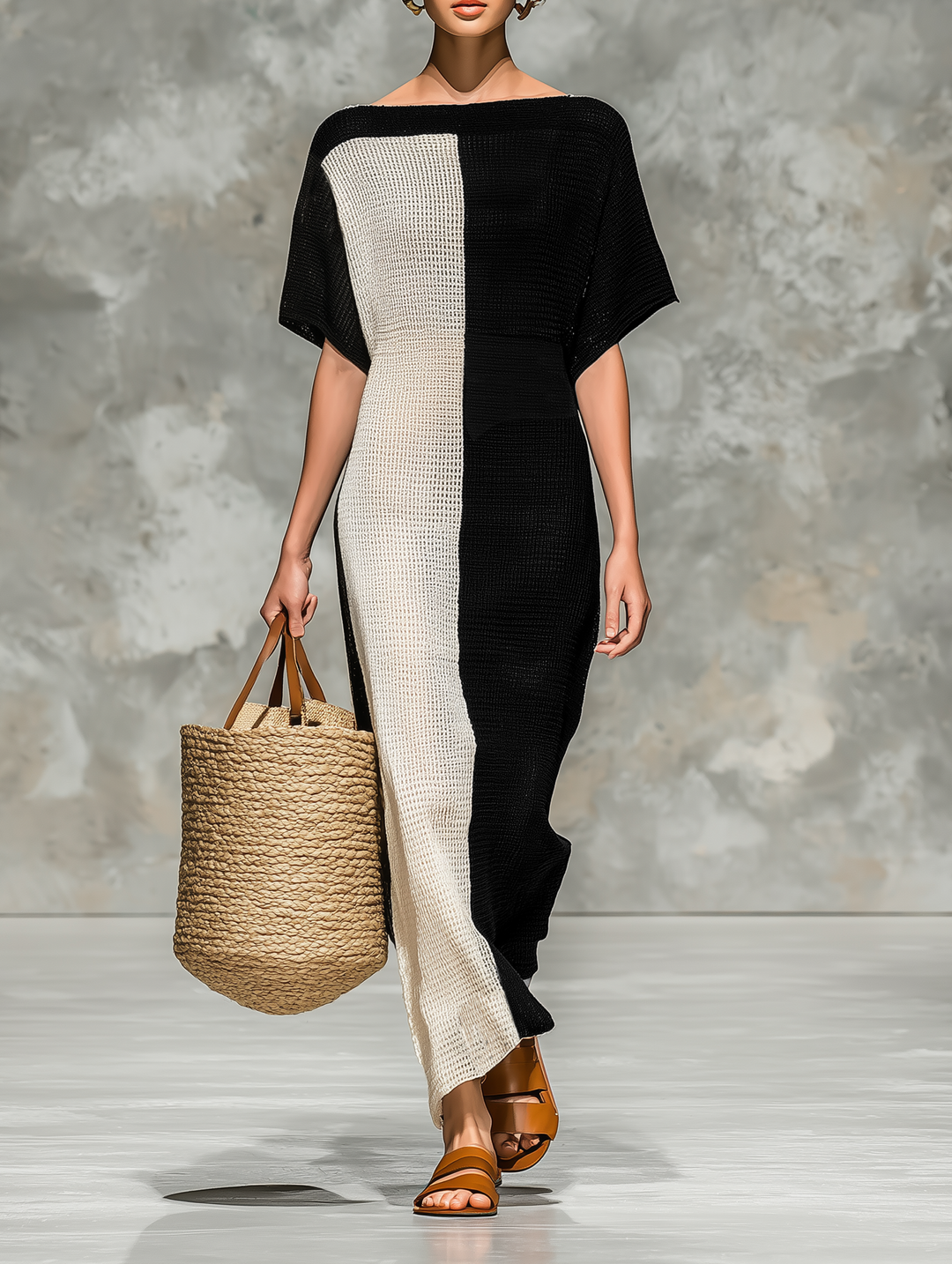 Knit Maxi Dress with Boat Neck and Short Sleeves