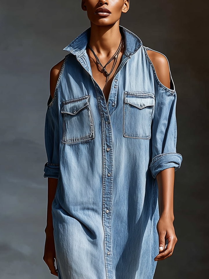 Denim Shirt Dress with Cold Shoulder Detail and Pockets
