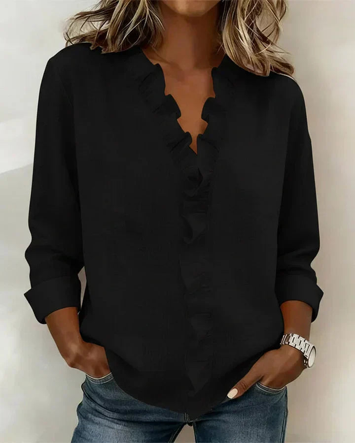 Ruffled V-Neck Blouse with Long Sleeves for Women