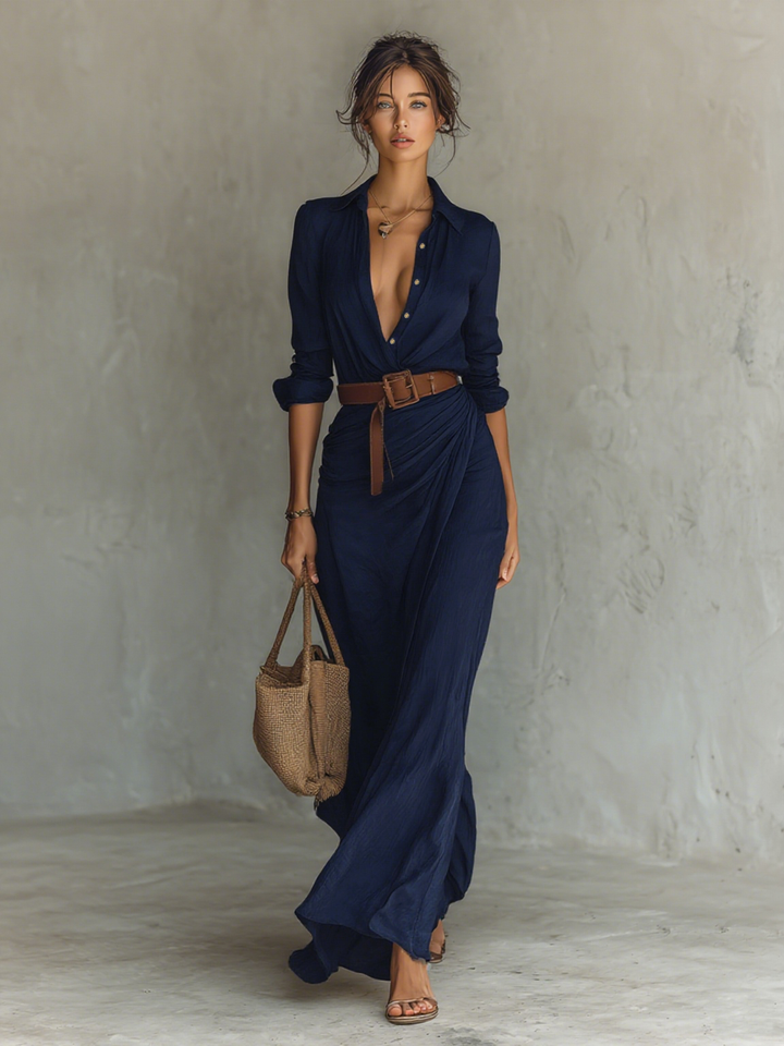 Belted Maxi Dress with Lapel Collar and Long Sleeves