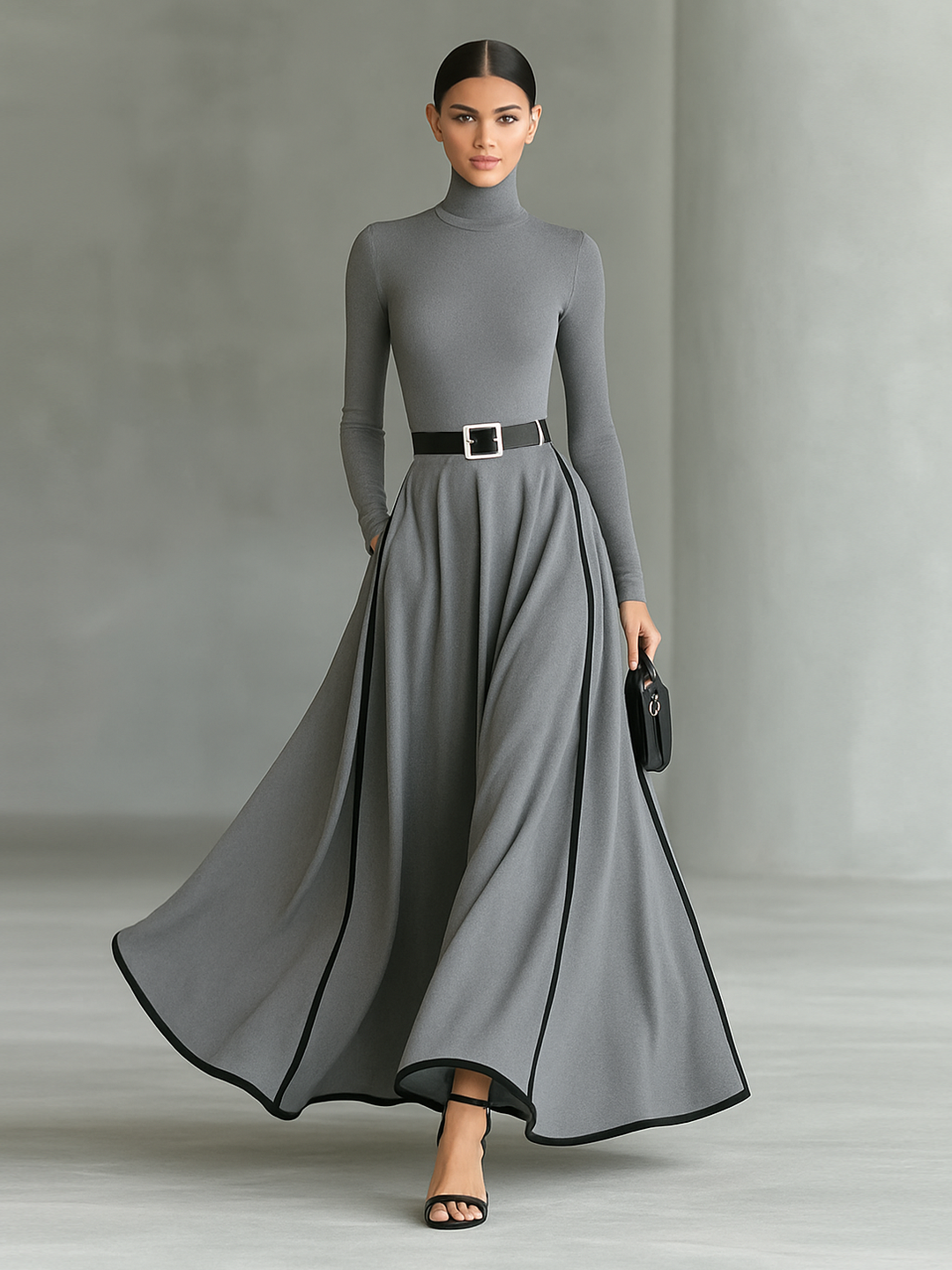 Black Maxi Dress with White Trim and Belted Waist