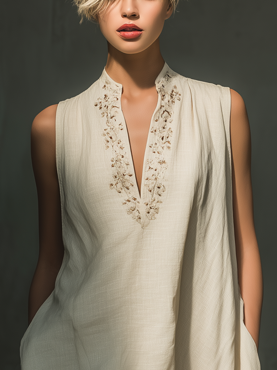 Linen Shift Dress for Women - Embroidered V-Neck Mini Dress