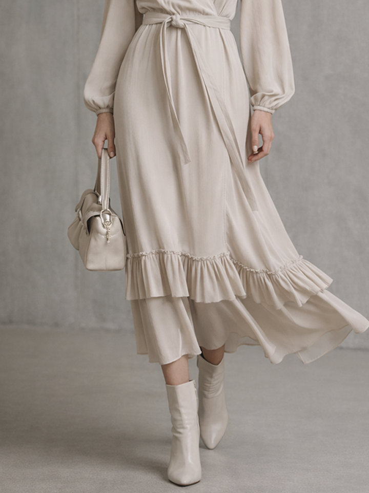 Wrap Midi Dress with Ruffled Hem Long Sleeve