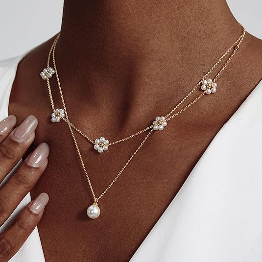 Layered Pearl Necklace with Floral Accent - Gold Statement Jewelry