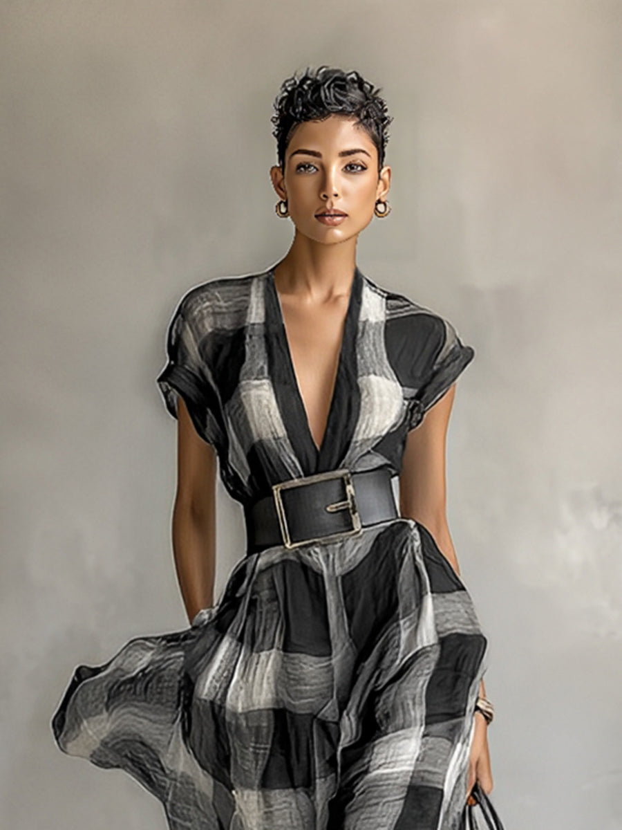Plaid Linen Maxi Dress with Belt - V-Neck Cap Sleeve