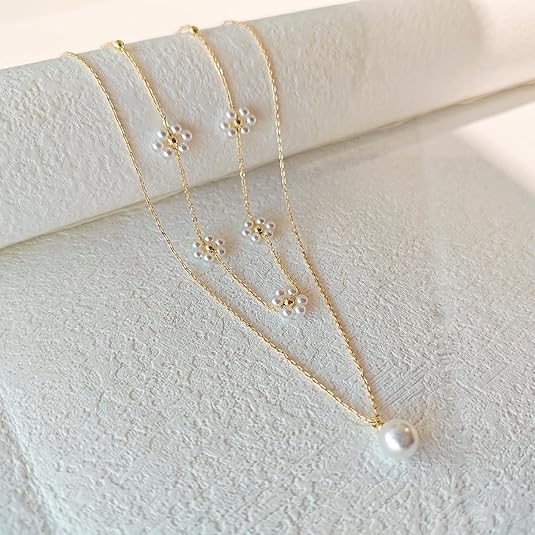 Layered Pearl Necklace with Floral Accent - Gold Statement Jewelry