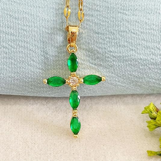 Emerald Cross Pendant Necklace in Gold | Elegant Everyday Jewelry