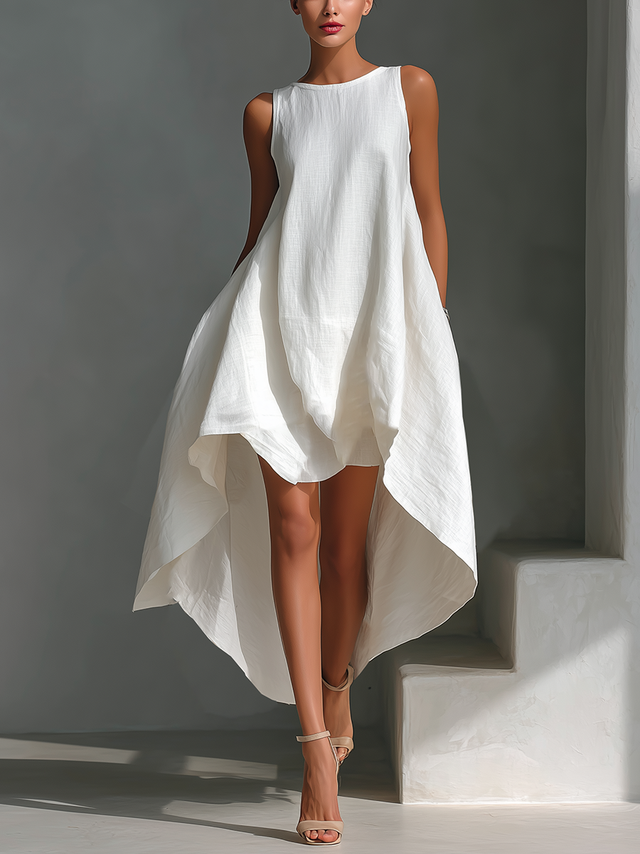 White Linen Midi Dress Sleeveless with Asymmetric Hem
