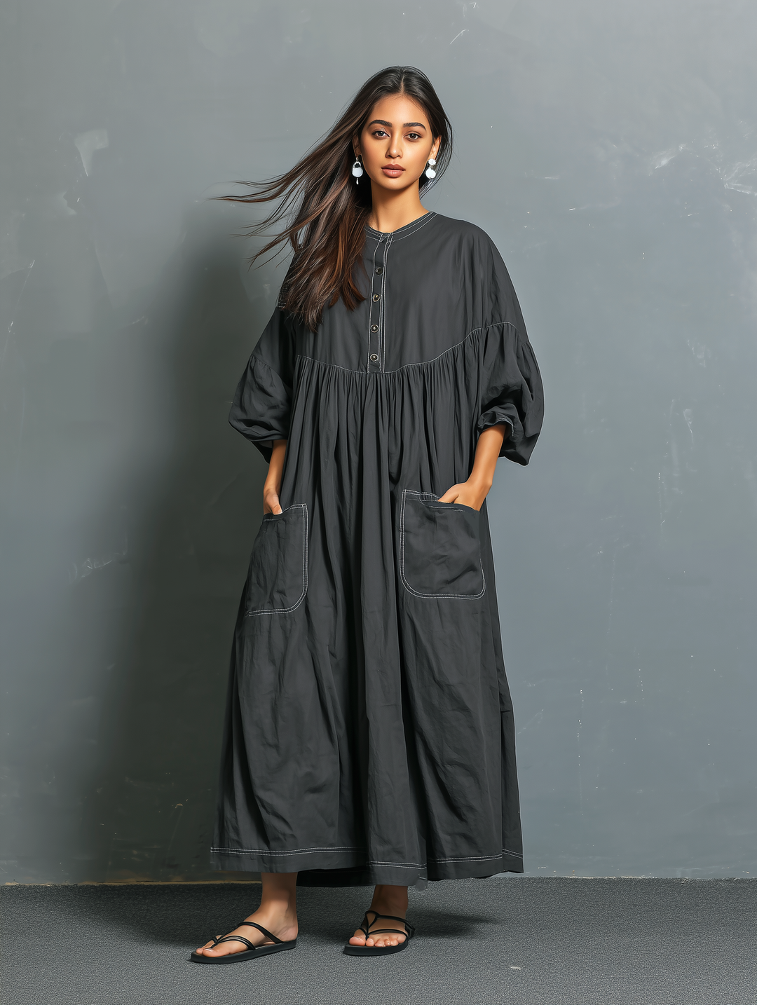 Maxi Dress for Women - Loose Fit Dark Gray Long Sleeve