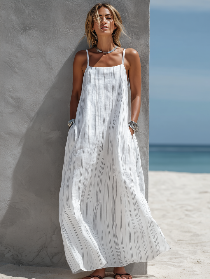 Sleeveless Striped Maxi Dress for Women - White Vertical Stripe Long Dress
