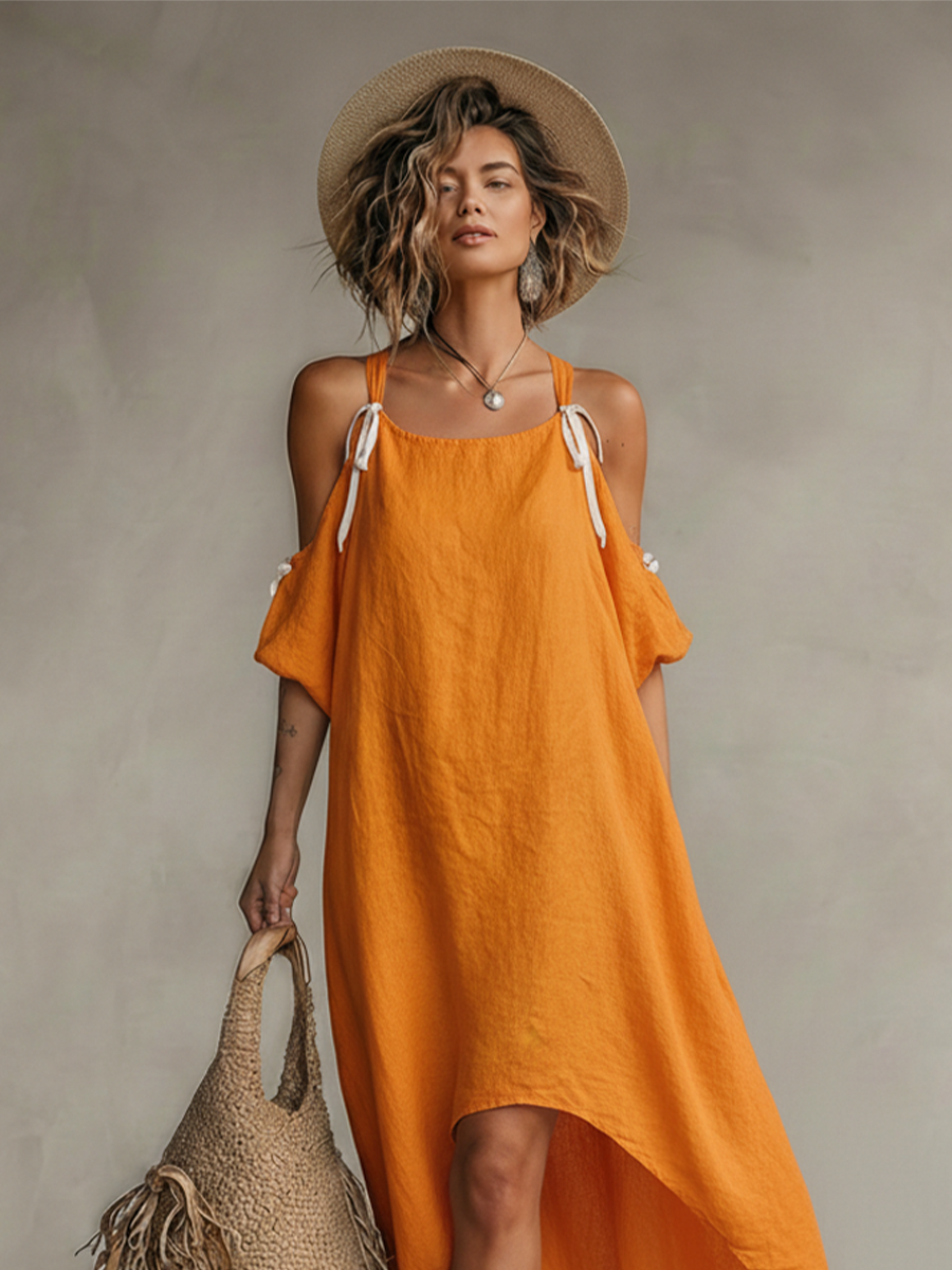 Linen Dress for Women Tangerine Cold Shoulder High Low Hem