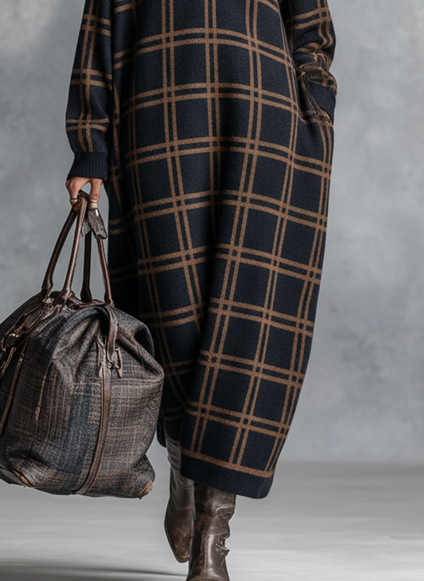 Plaid Knit Maxi Dress with Zipper Neck for Women
