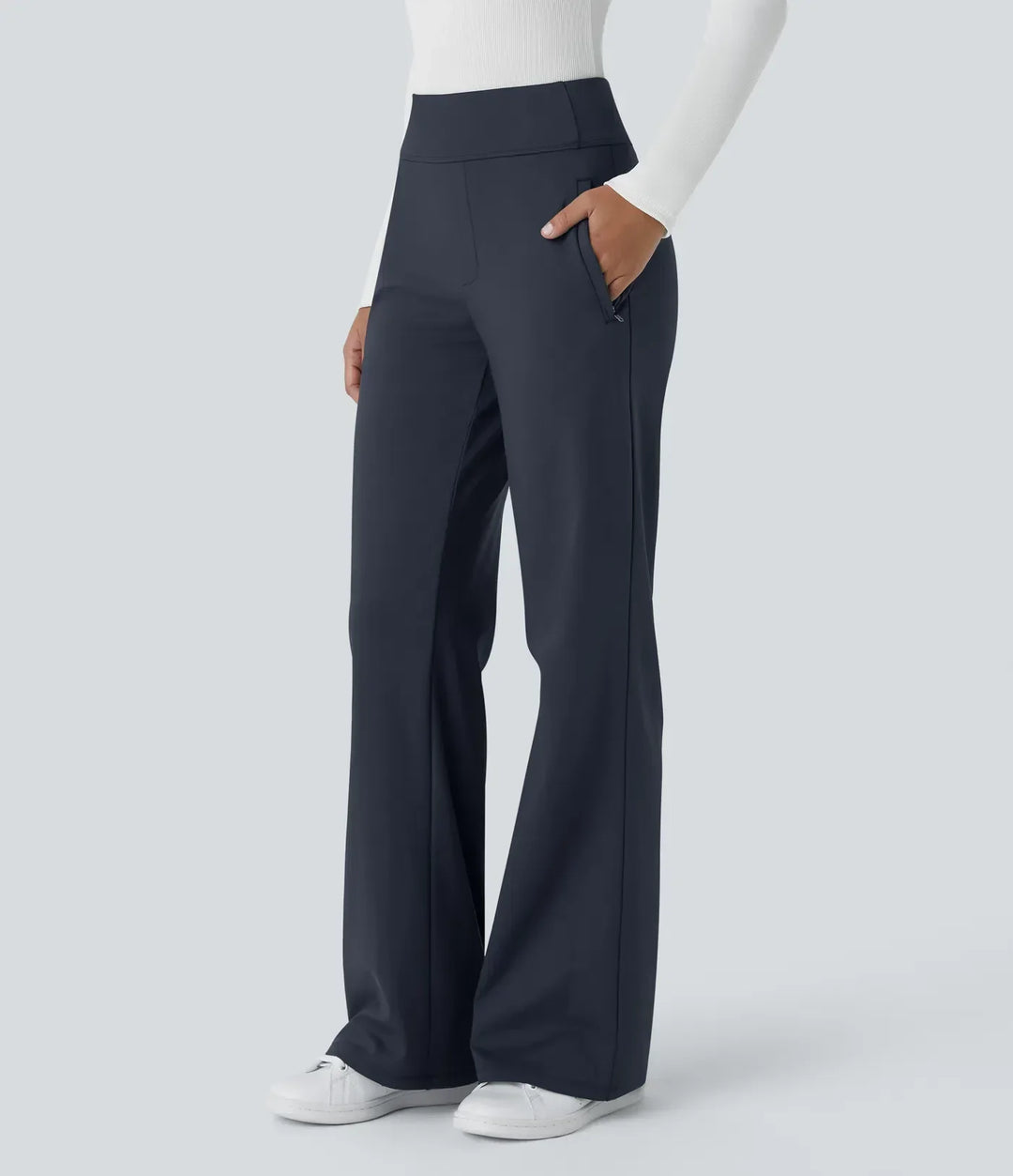 Mid Rise Flare Work Pants with Pockets - Stretch Wrinkle Resistant