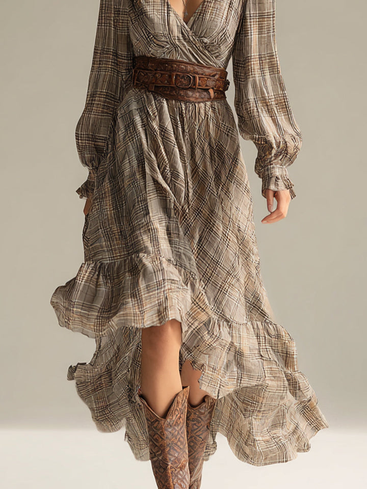 Plaid Midi Dress with Ruffles - Flowy Chiffon Bohemian Style
