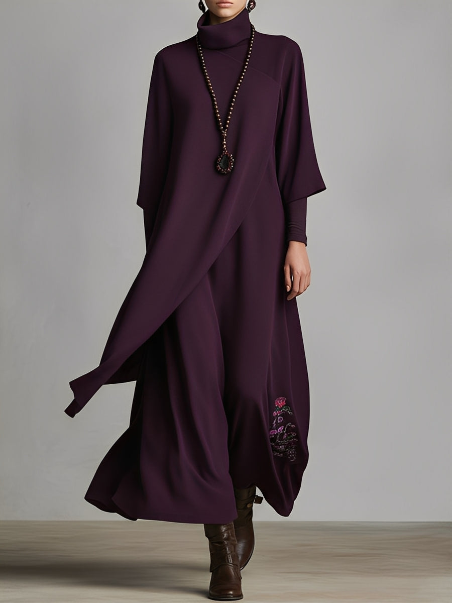 Maxi Dress with Turtleneck - Plum Embroidered Jersey