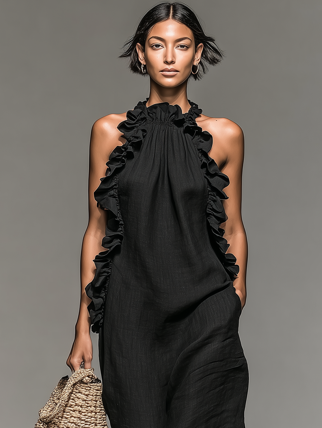 Linen Maxi Dress with Ruffle Detail for Women