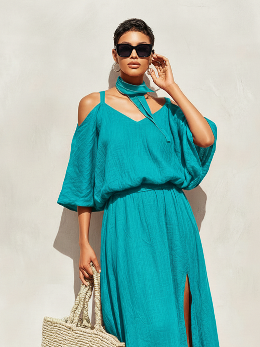 Linen Maxi Dress with Cold Shoulder Sleeves - Teal Resort Dress