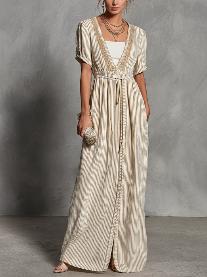 Striped Linen Maxi Dress with Drawstring Waist