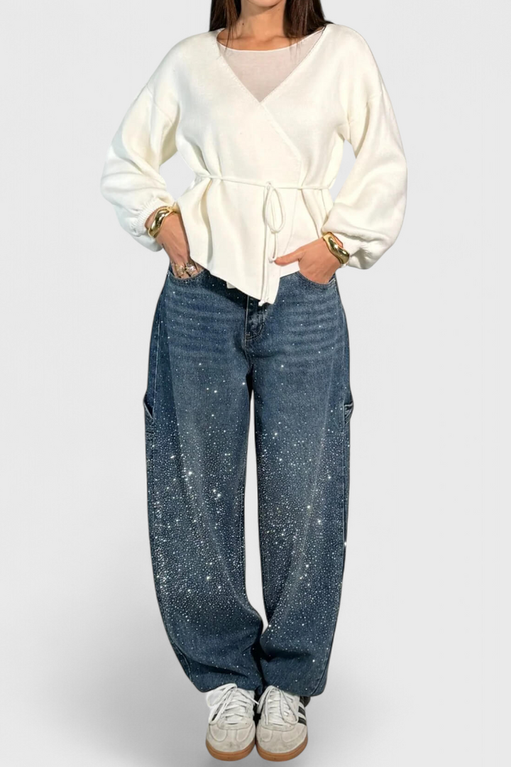 Cargo Balloon Jeans with Rhinestone Embellishments for Women
