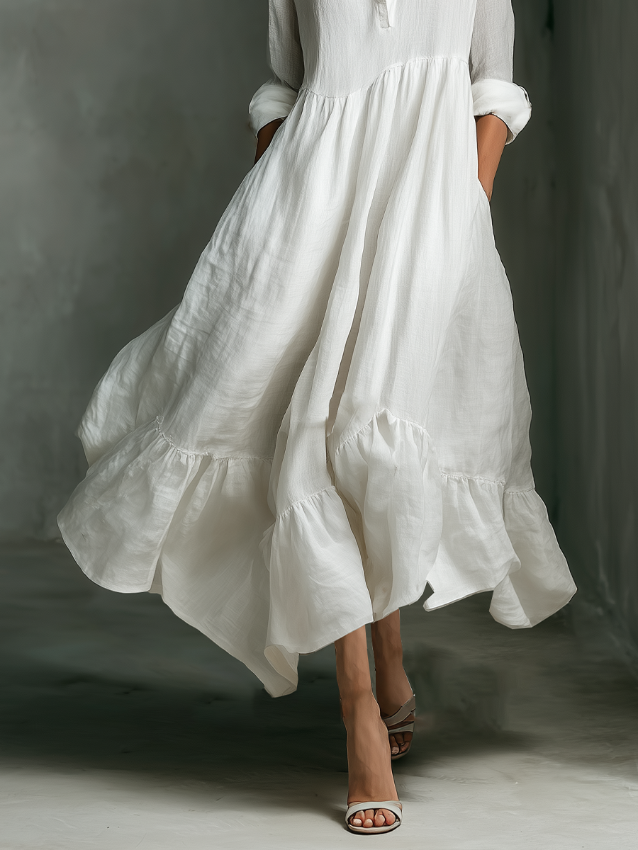 White Maxi Dress Long Sleeve with Ruffles for Women