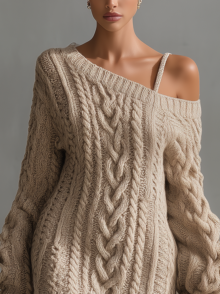 Cable Knit Sweater Dress Off Shoulder Mini in Beige