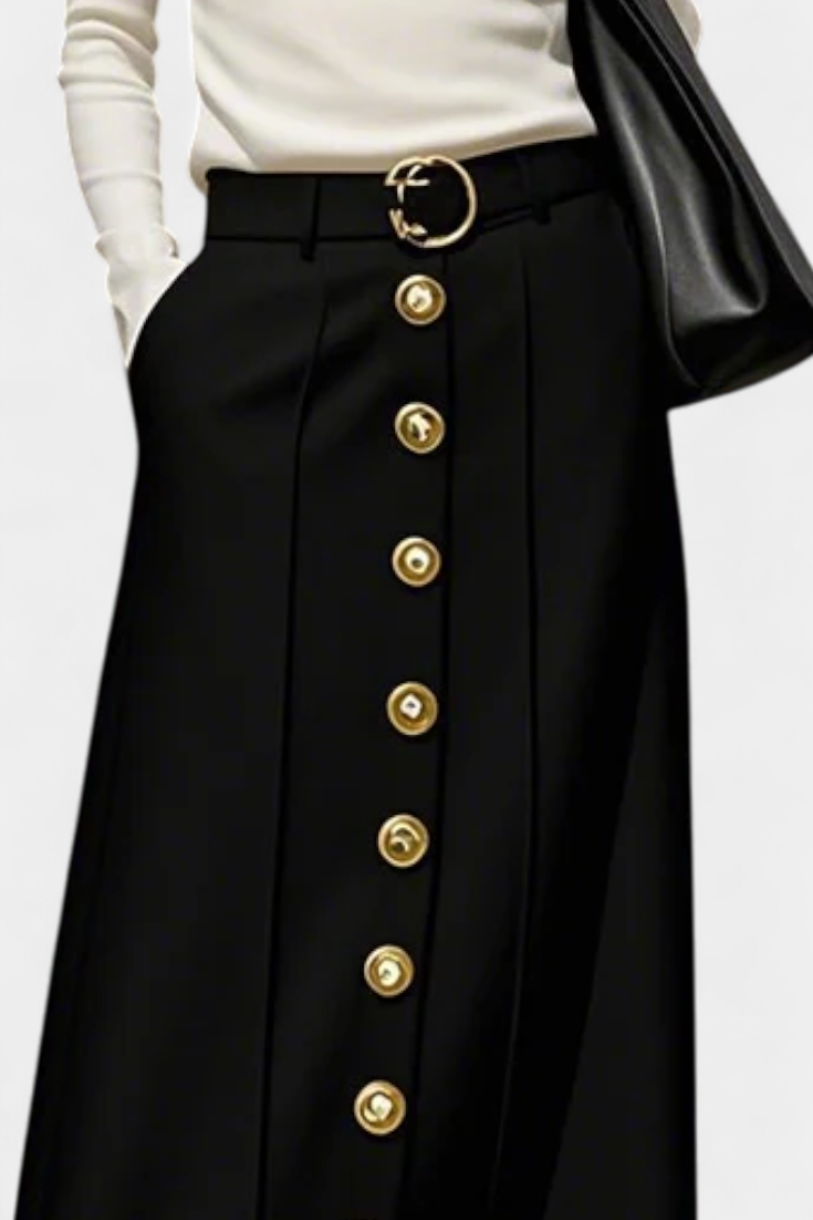 Button Front Casual Skirt with Pockets - Comfortable A-Line Skirt
