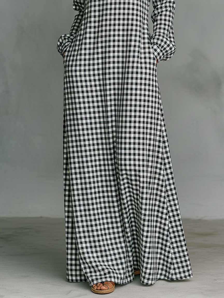 Cotton Plaid Maxi Dress with V-Neck and Long Sleeves