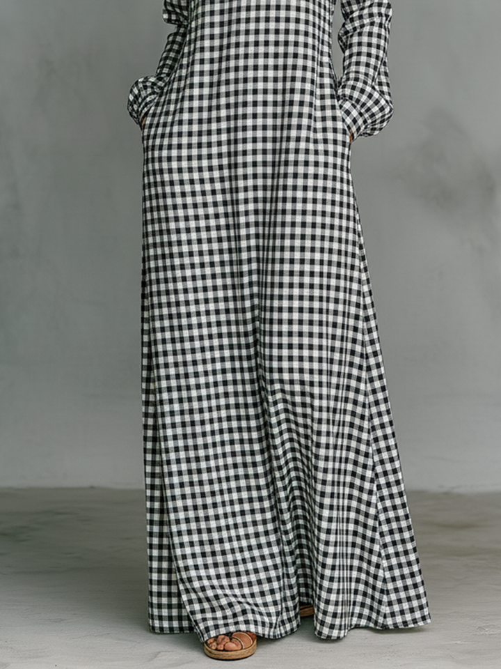 Cotton Plaid Maxi Dress with V-Neck and Long Sleeves