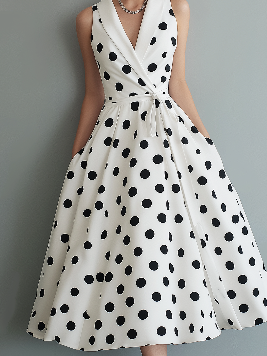 Polka Dot Midi Dress - Sleeveless Collared Work Dress