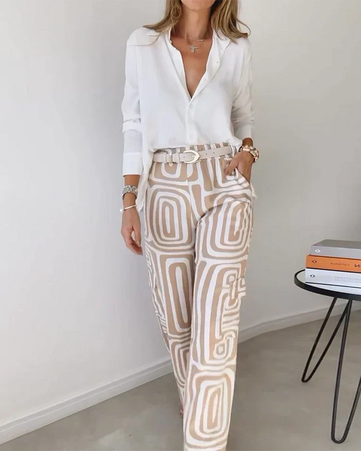 Two Piece Set for Women with Belt - Geometric Print Outfit