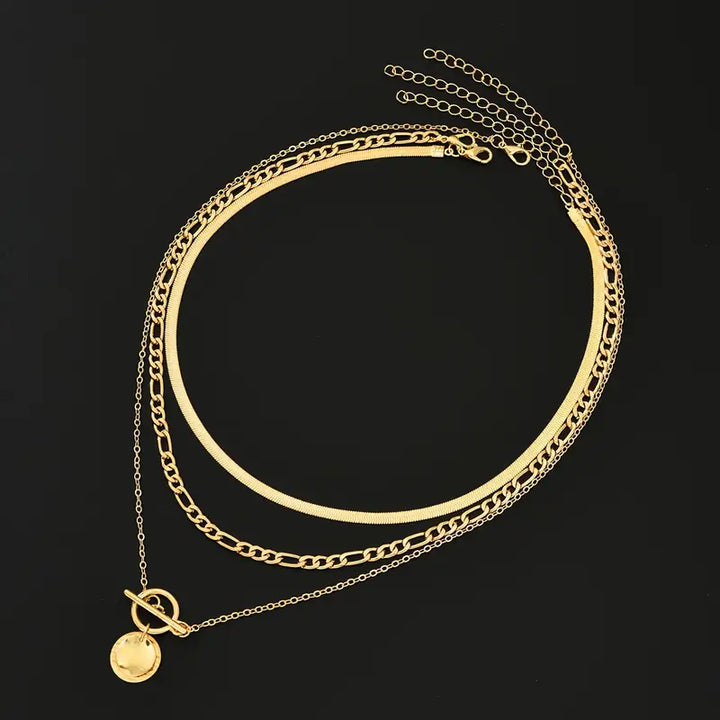 Layered Gold Coin Necklace - Textured Statement Pendant Jewelry