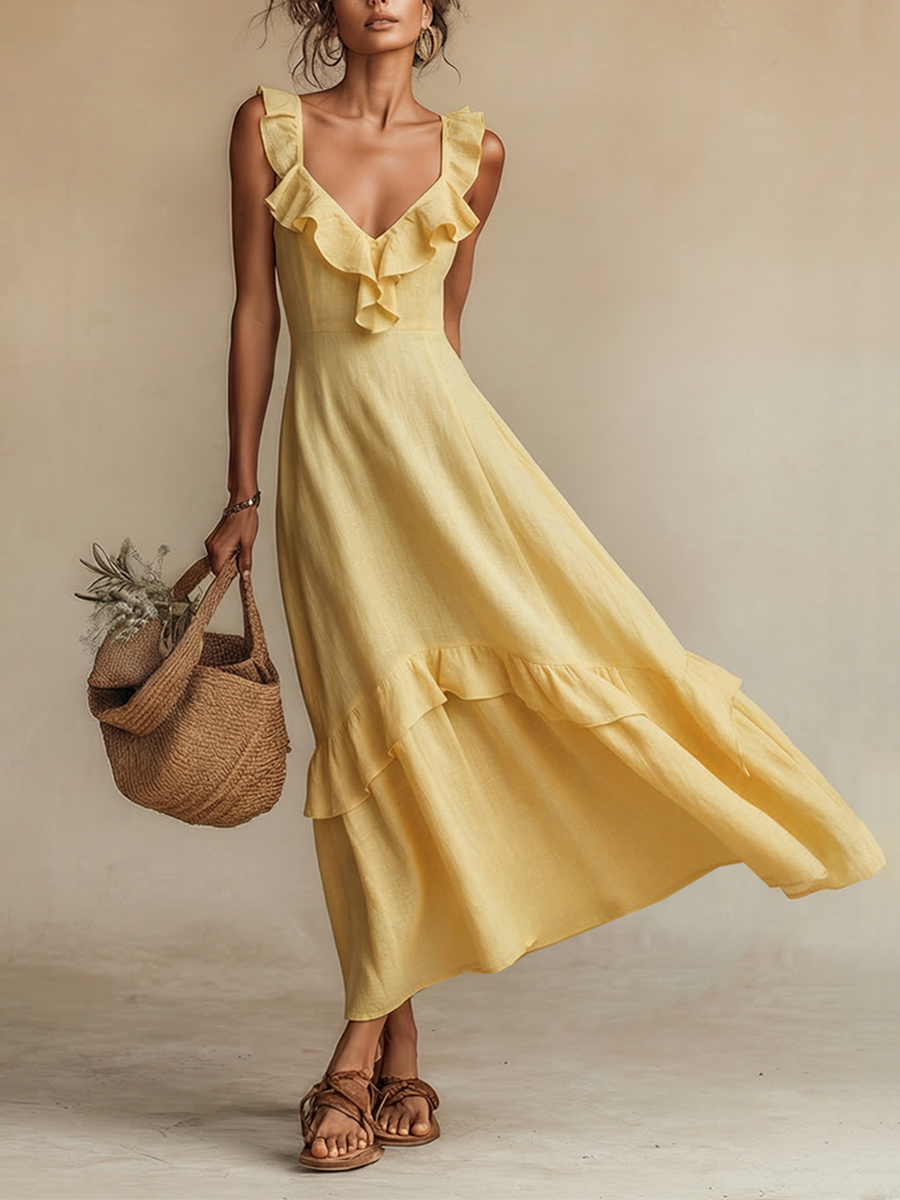 Yellow Linen Maxi Dress with Ruffle V-Neck and Hem